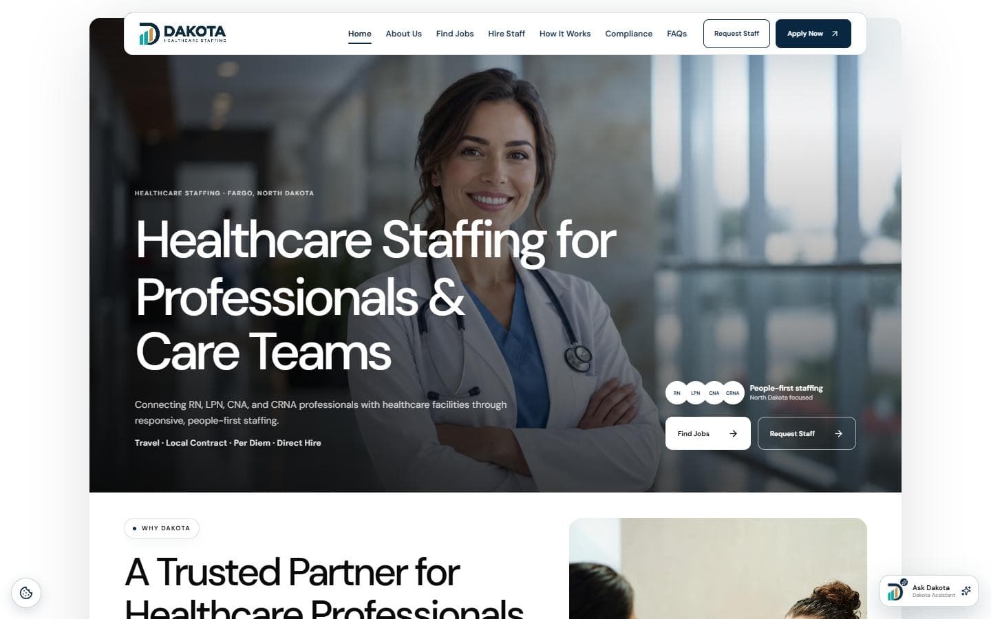 Dakota Healthcare Staffing homepage on a desktop screen