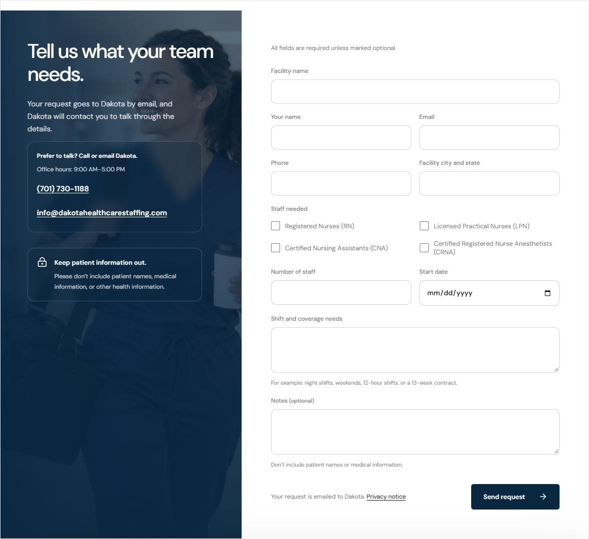 Dakota Request Staff form for healthcare facilities