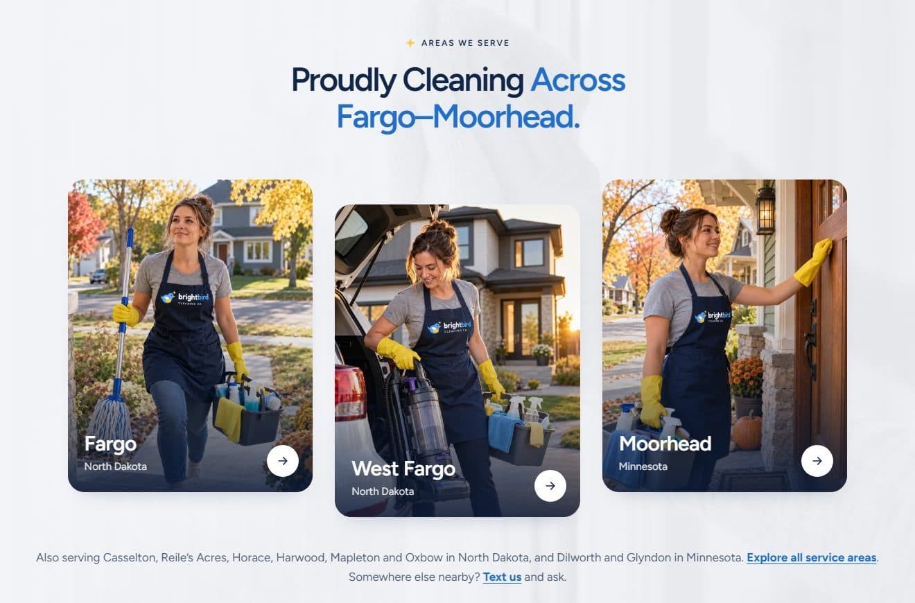 Brightbird service areas section with Fargo, West Fargo and Moorhead cards