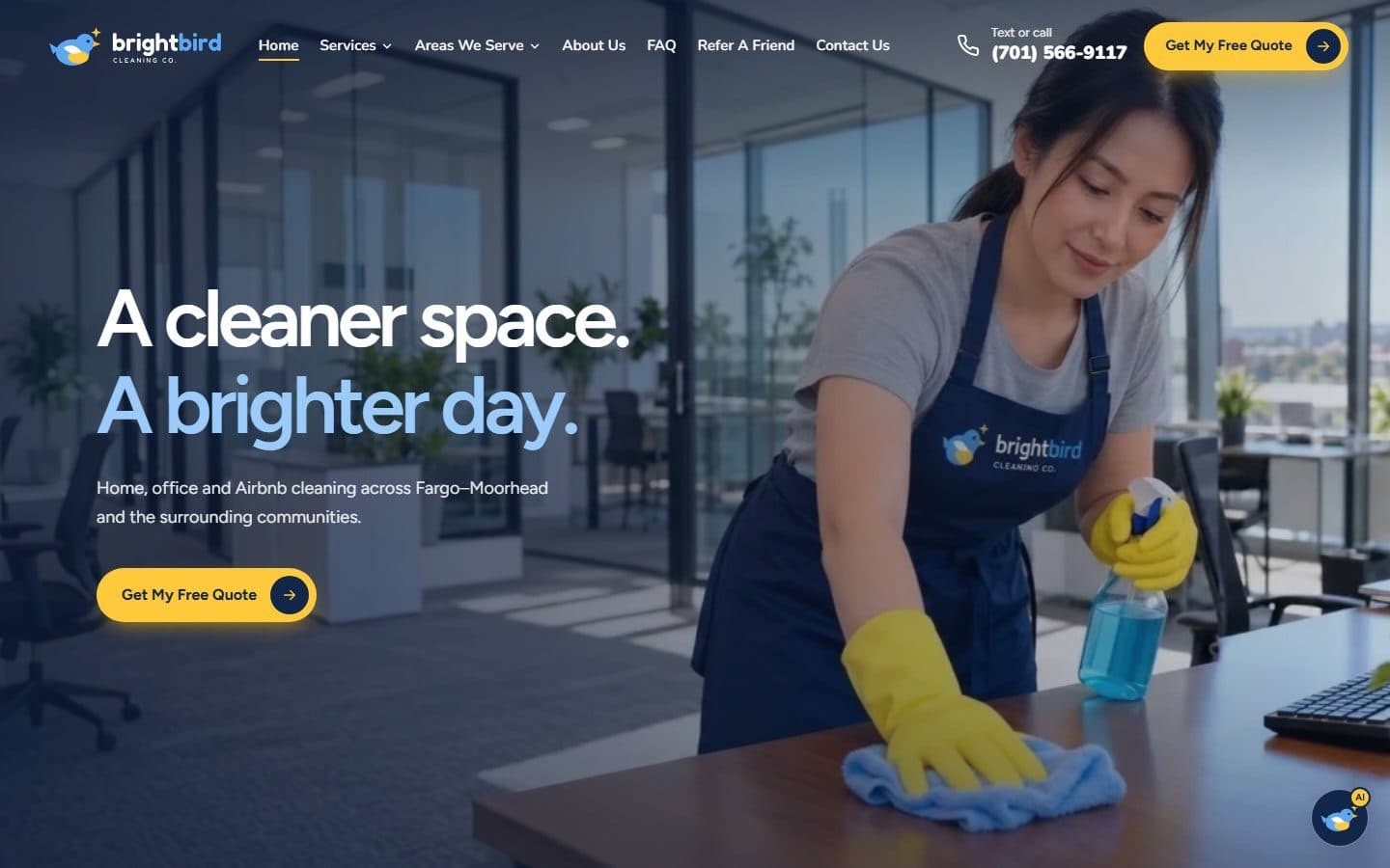 Brightbird Cleaning Co. homepage on a desktop screen