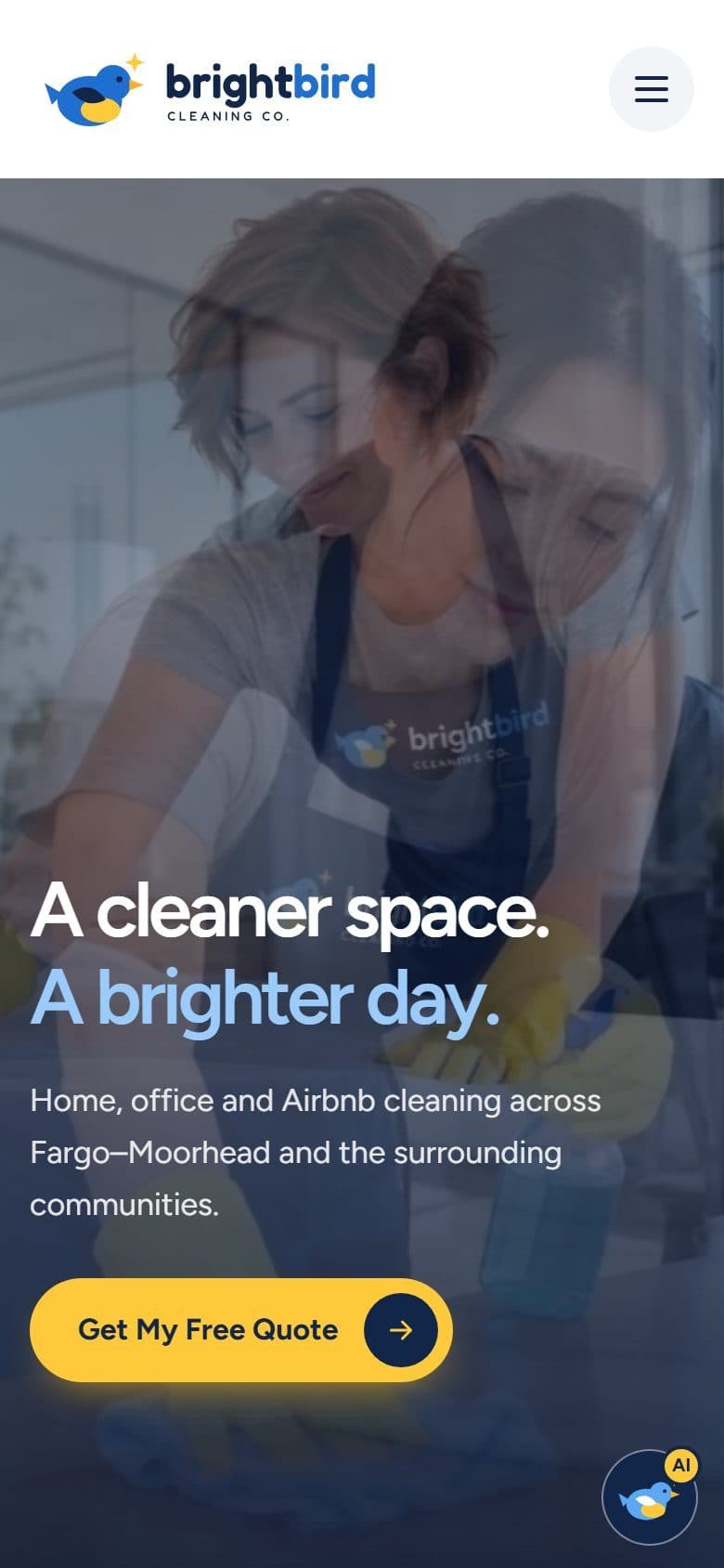 Brightbird homepage at phone width