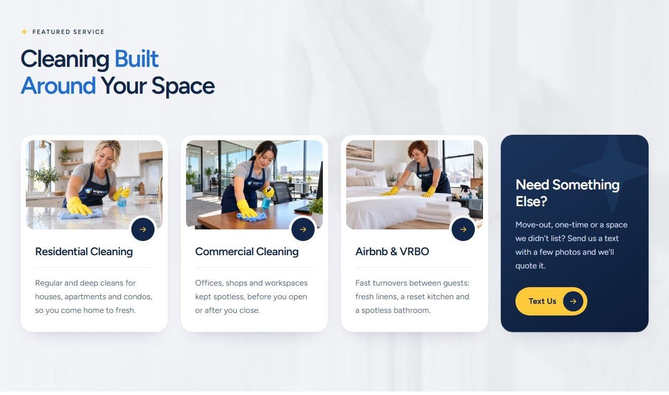 Brightbird services section with residential, commercial and Airbnb cleaning cards