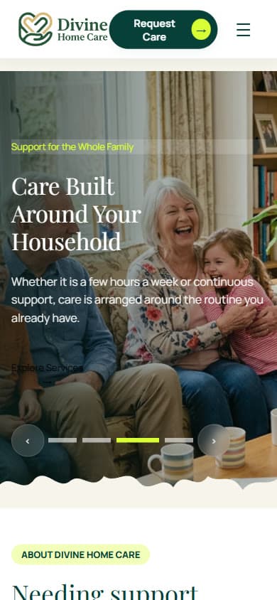 Divine Home Care homepage at phone width