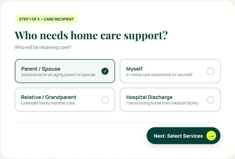 Step one of the Divine Home Care Request Care form